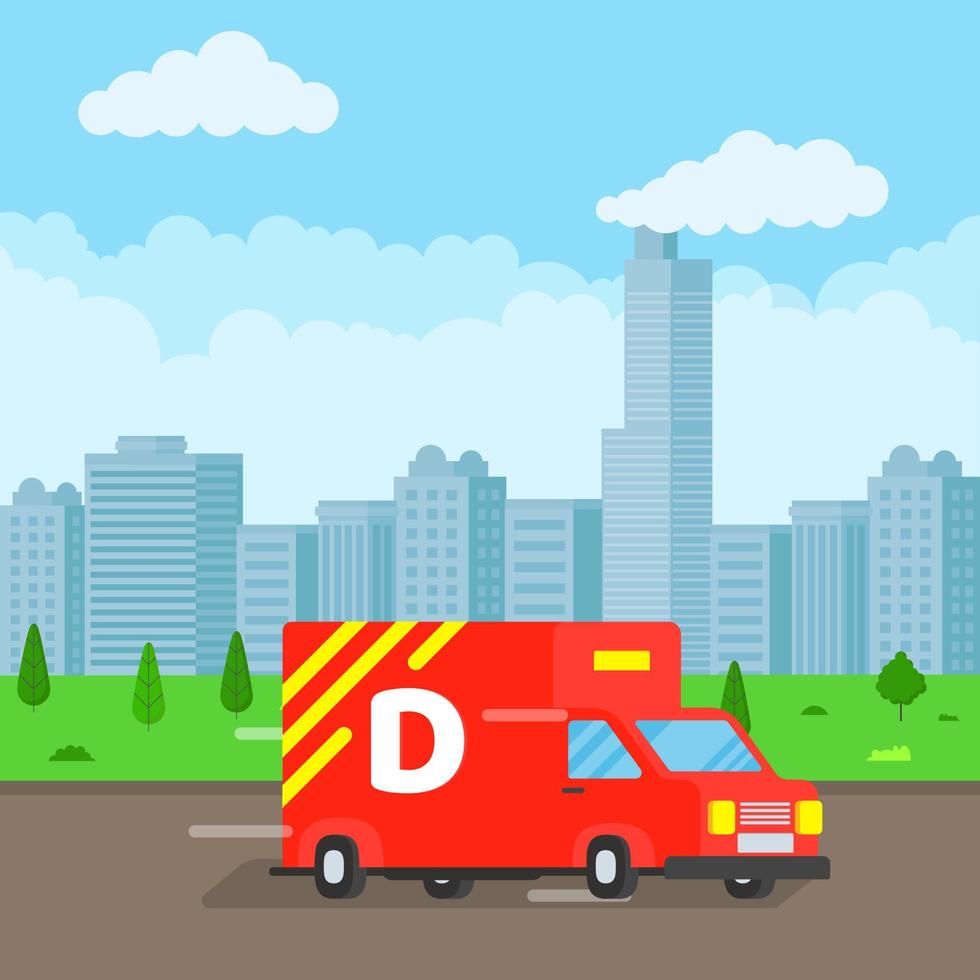 Fast delivery truck service on the road. Car van with landscape behind flat style design vector illustration isolated on light blue background.  Symbol of delivery company.