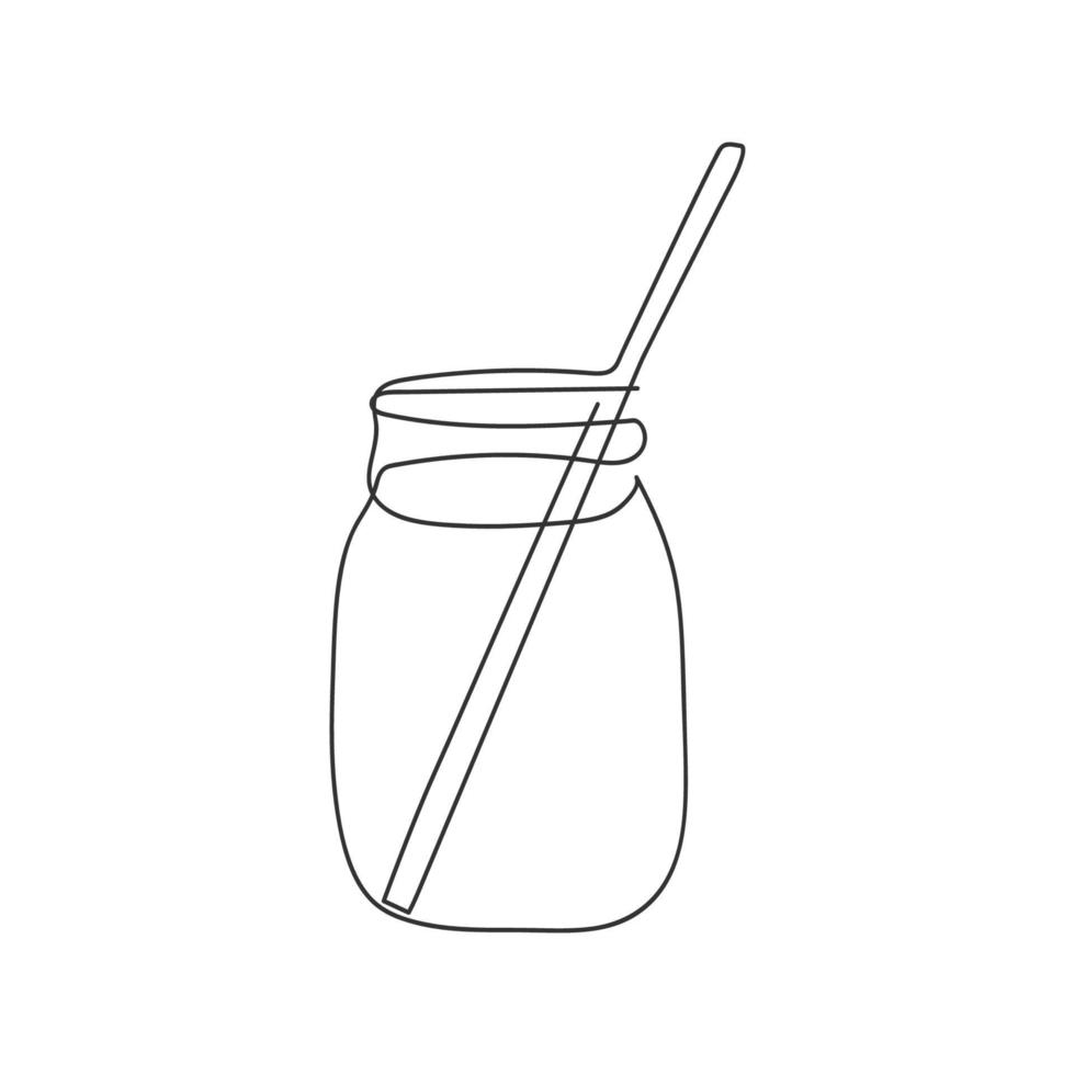 glass jar with a drinking straw are drawn with a single solid line in black by hand on a white background vector