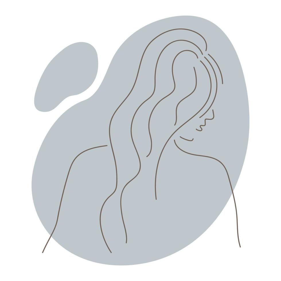 head and shoulders of a girl with curly hair, with the outlines of the nose and lips, drawn lines on a background of blue abstract spots on a white background vector