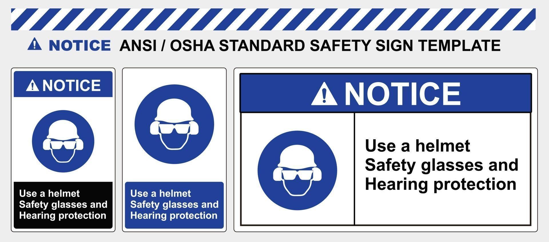 plantilla de señal de seguridad use cascos gafas de seguridad y protección auditiva, estándar ansi y osha vector