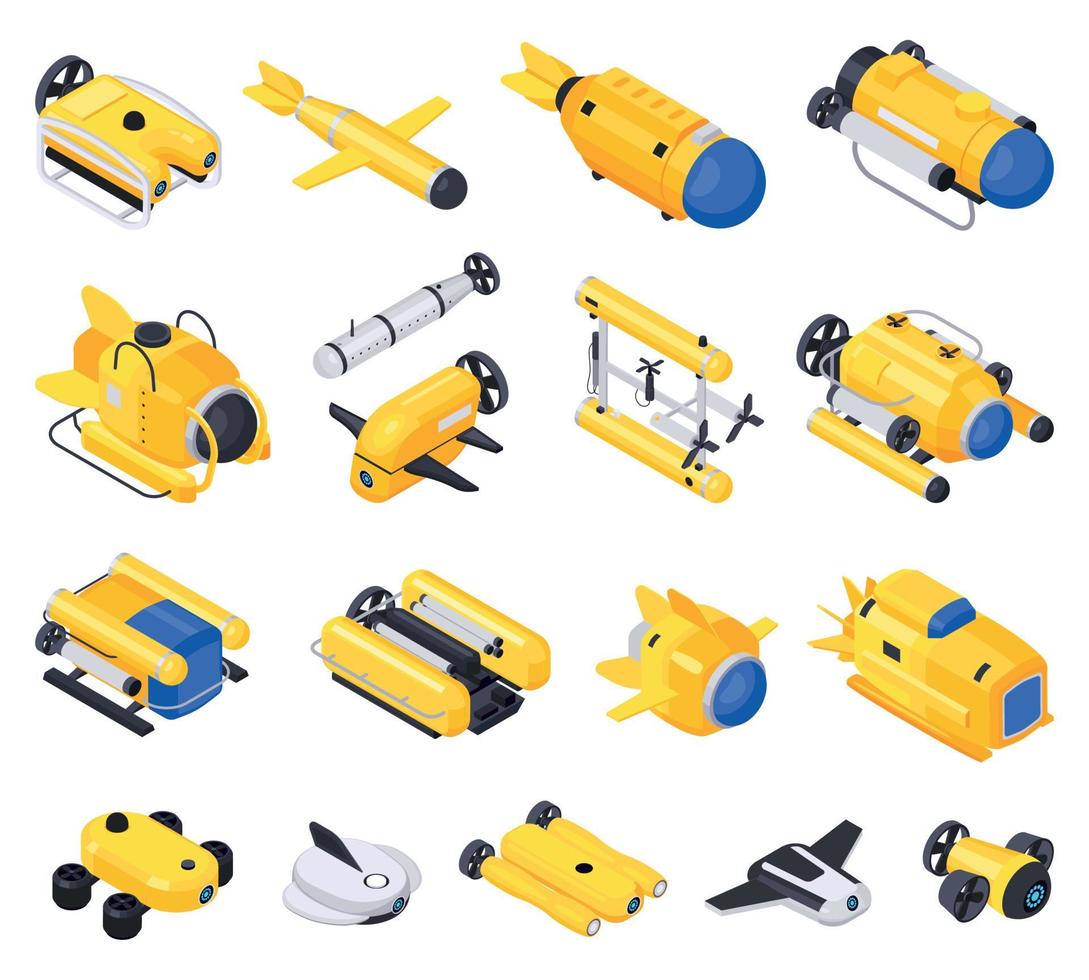 Conjunto de iconos isométricos de equipos de máquinas de vehículos submarinos vector