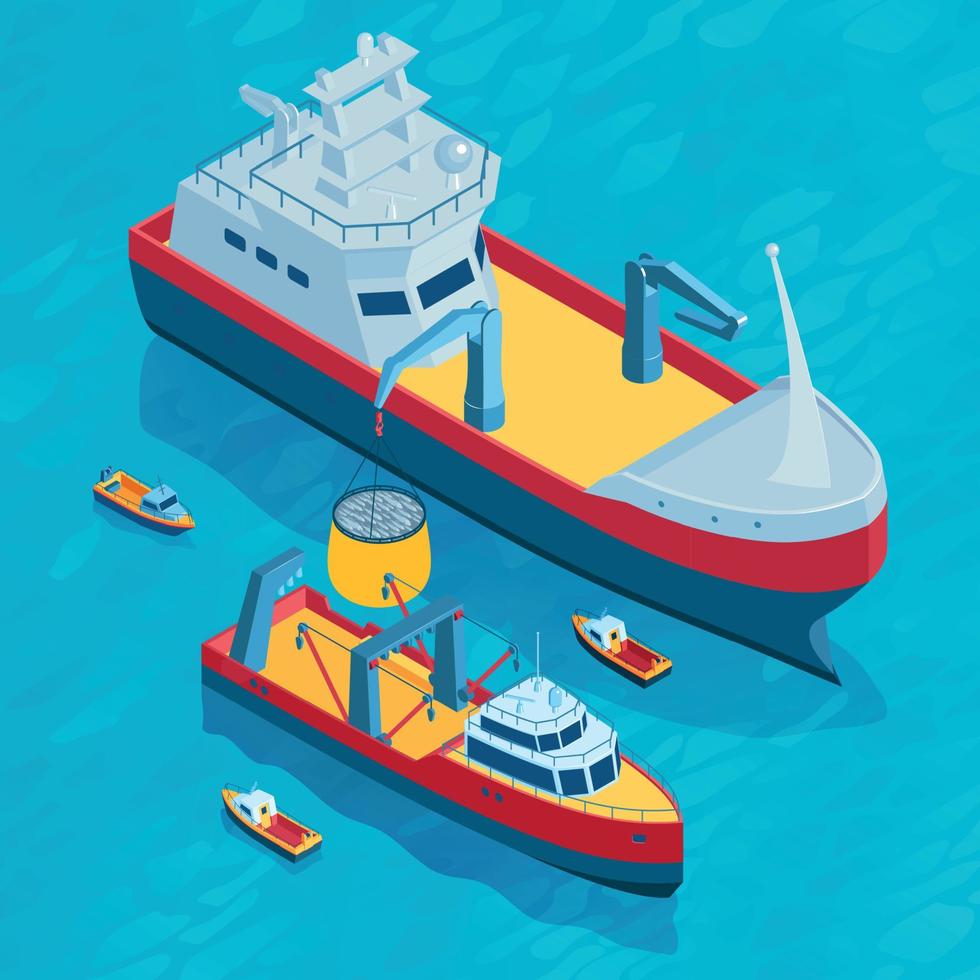 composición de barcos de pesca comercial vector