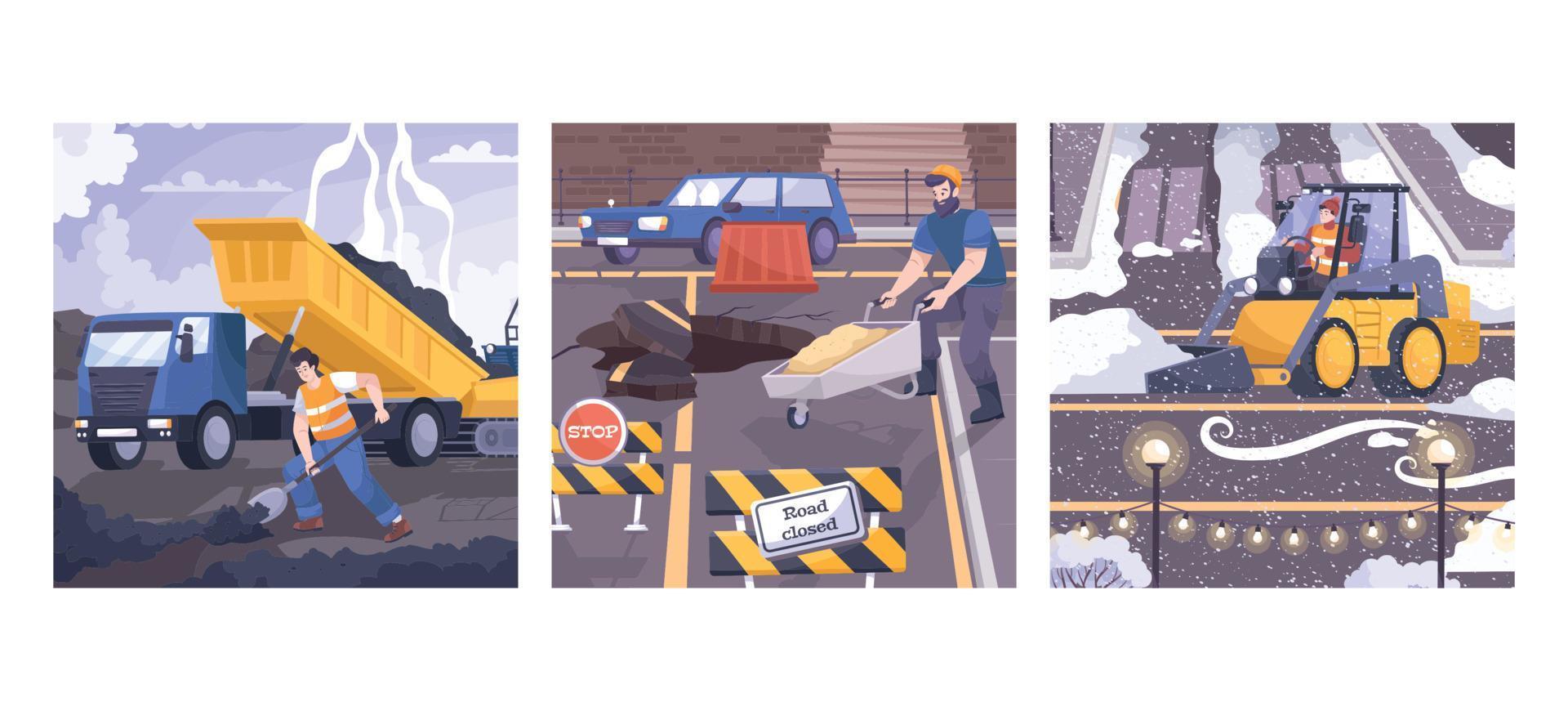 Three Road Repair Illustration Flat Icon Set vector