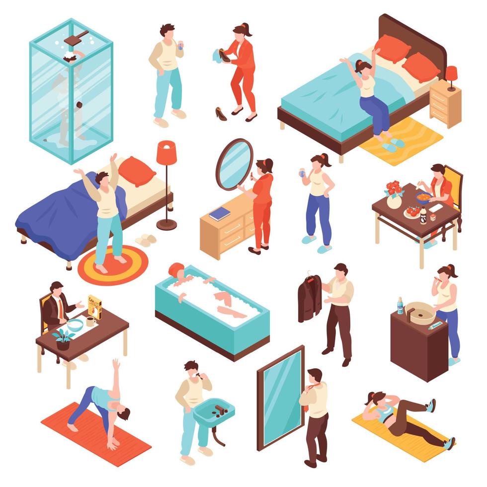 Morning Routine Isometric Set vector