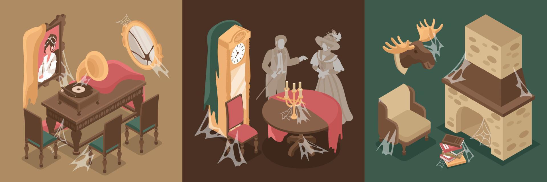 Old Room Interior Square Set vector