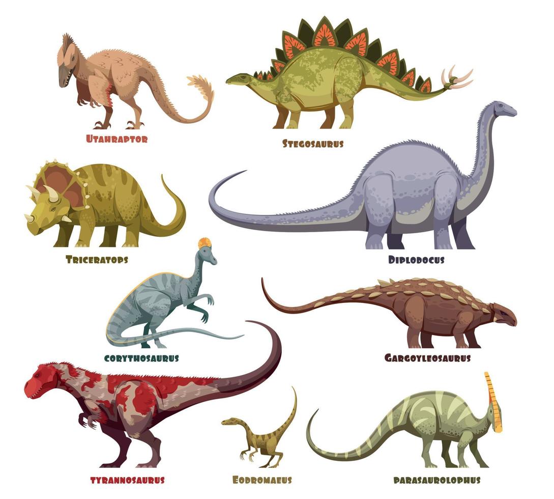 Dinosaurs Cartoon Set With Names vector