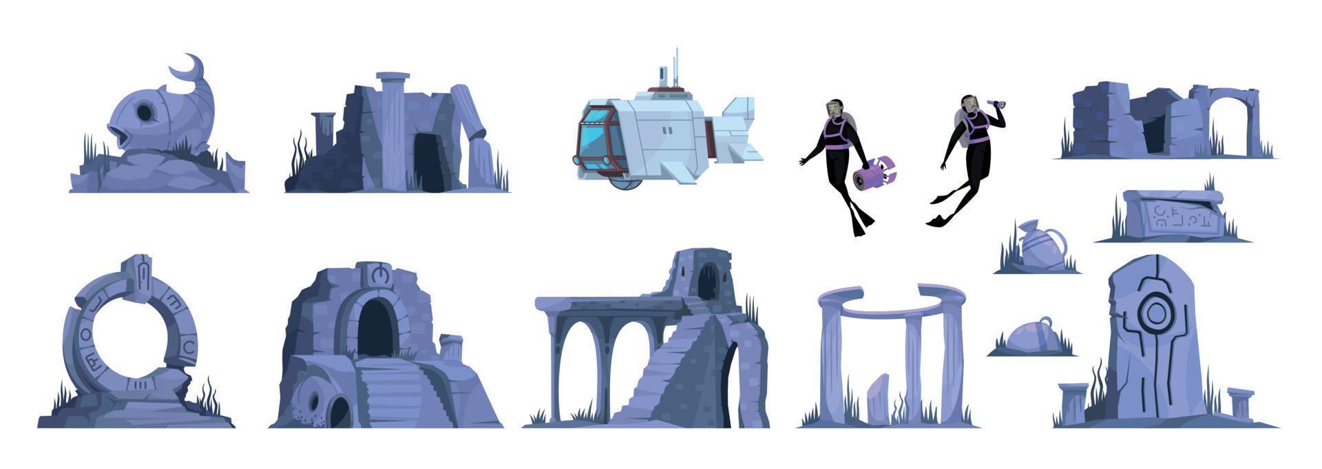 Lost Atlantis Isolated Icons Set vector