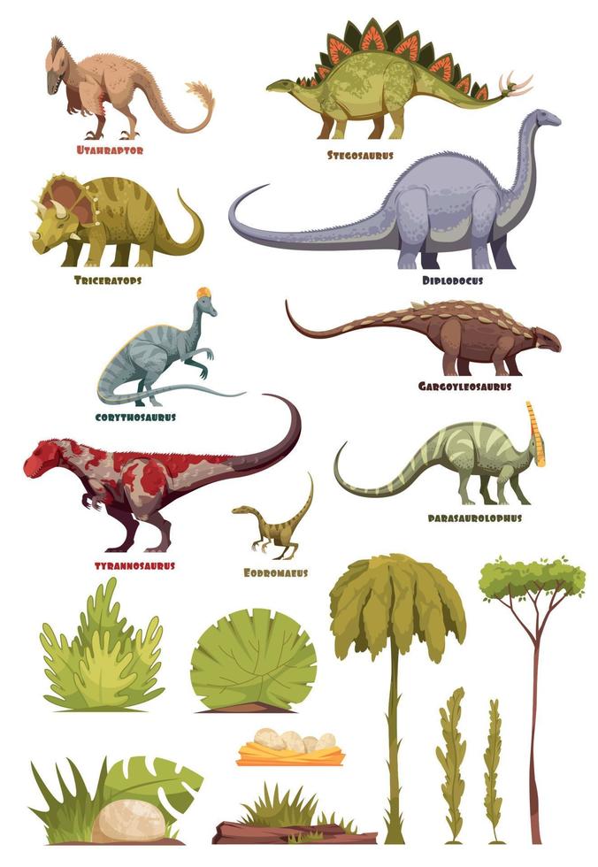 dinosaurios y elementos del paisaje de la flora. vector