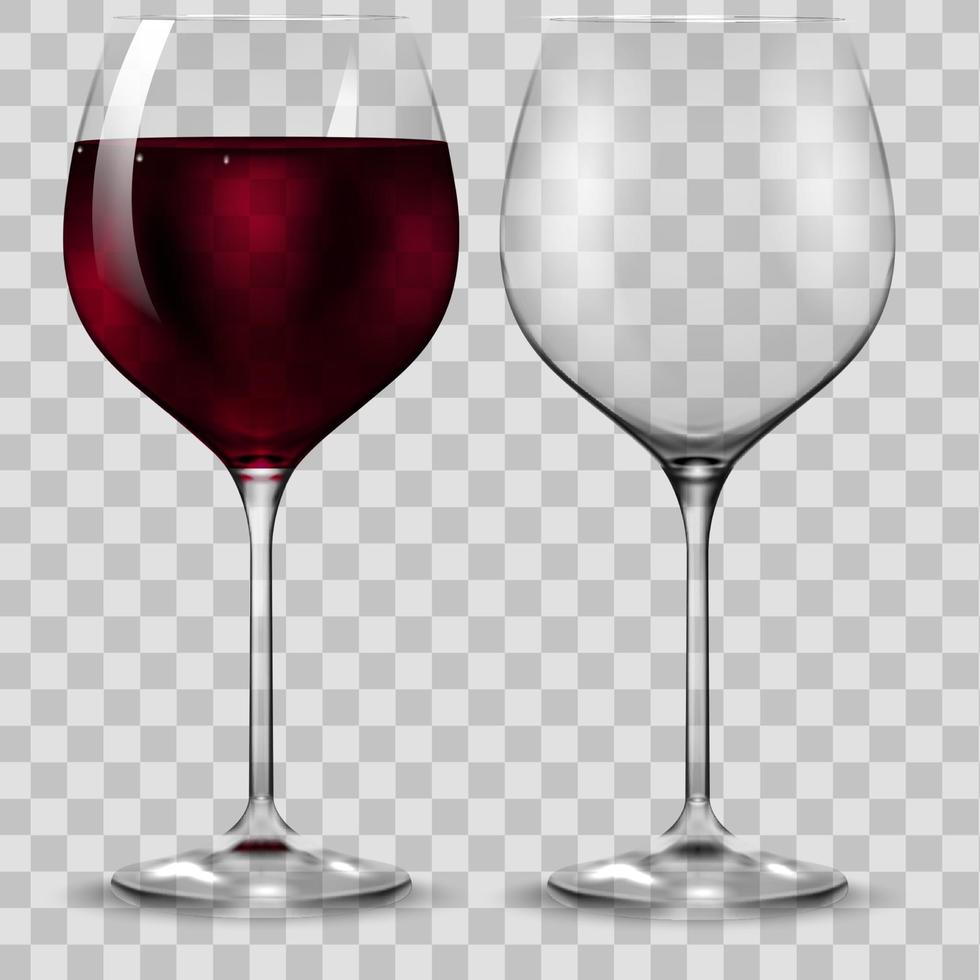 Copa de vino tinto de transparencia vacía y completa. vector. vector