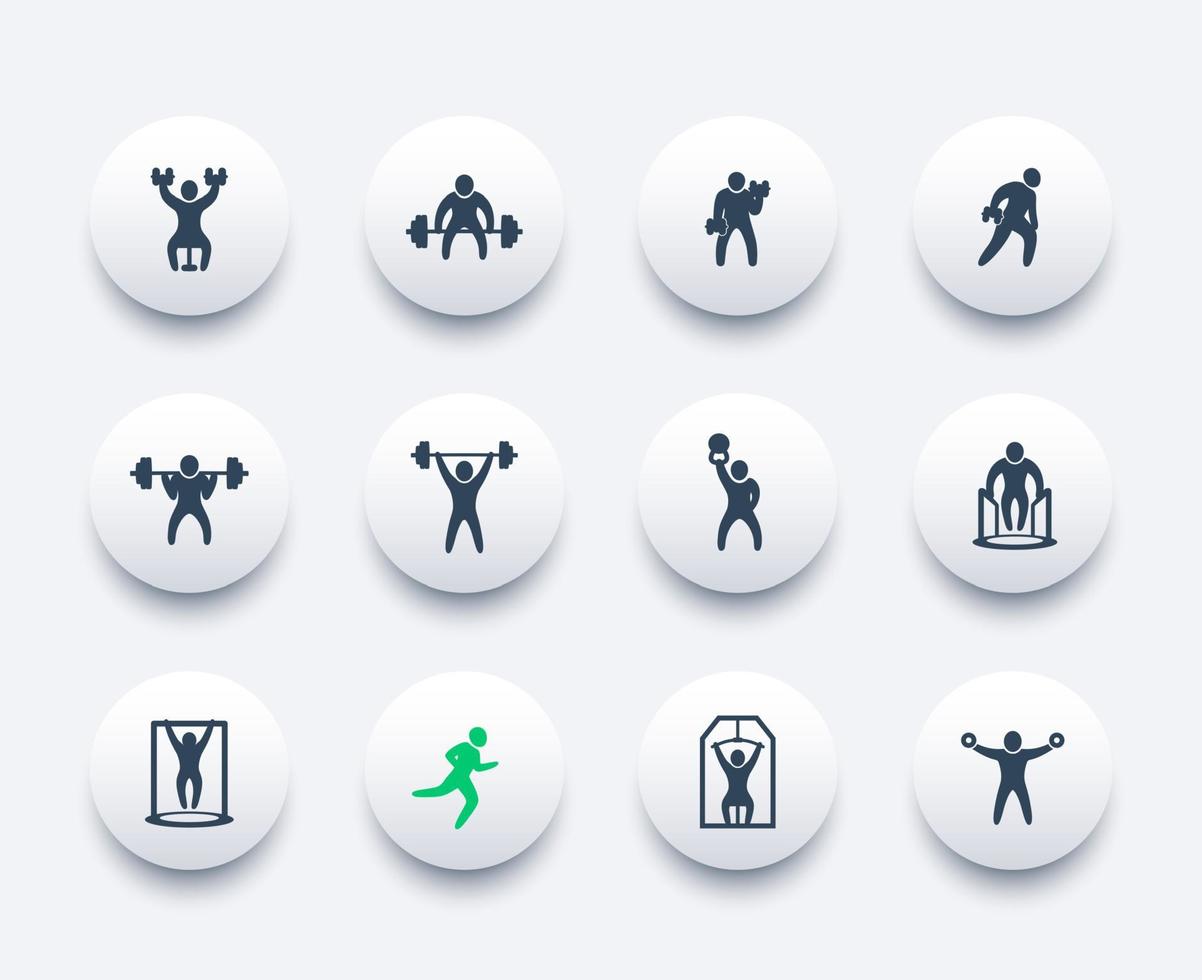 Gym, fitness exercises, workout, training icons set vector