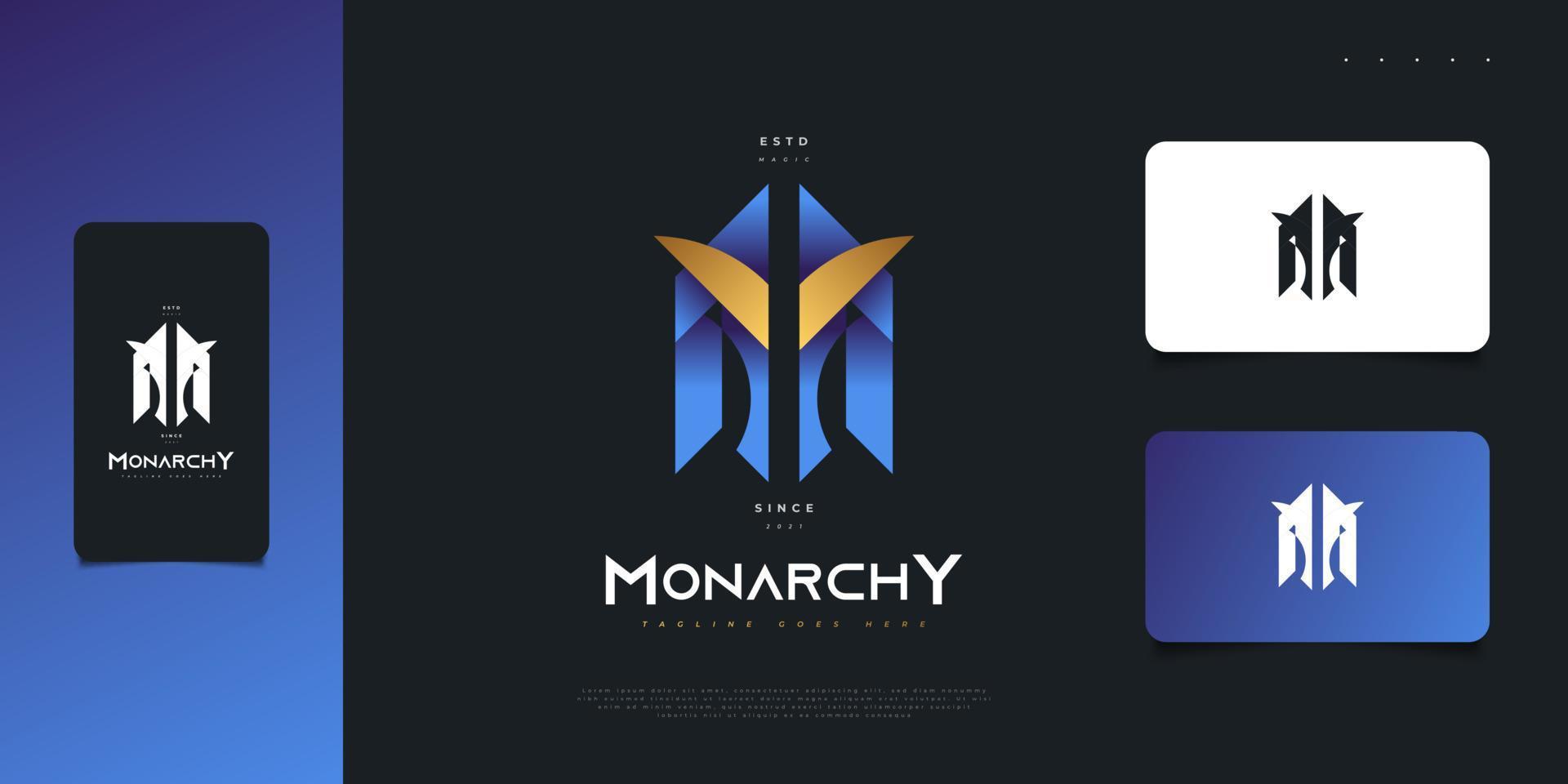 Diseño de logotipo de letra m moderno y abstracto con concepto de casco de guerra en degradado azul y dorado. m monograma logo, símbolo o icono vector