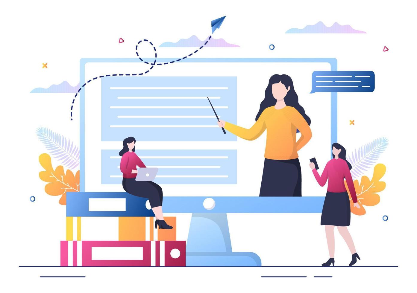 Ilustración de vector de fondo de tutoriales en vídeo. Ver y transmitir en línea en la computadora sobre educación, conocimiento para banner web, folletos, póster o portada de libro.