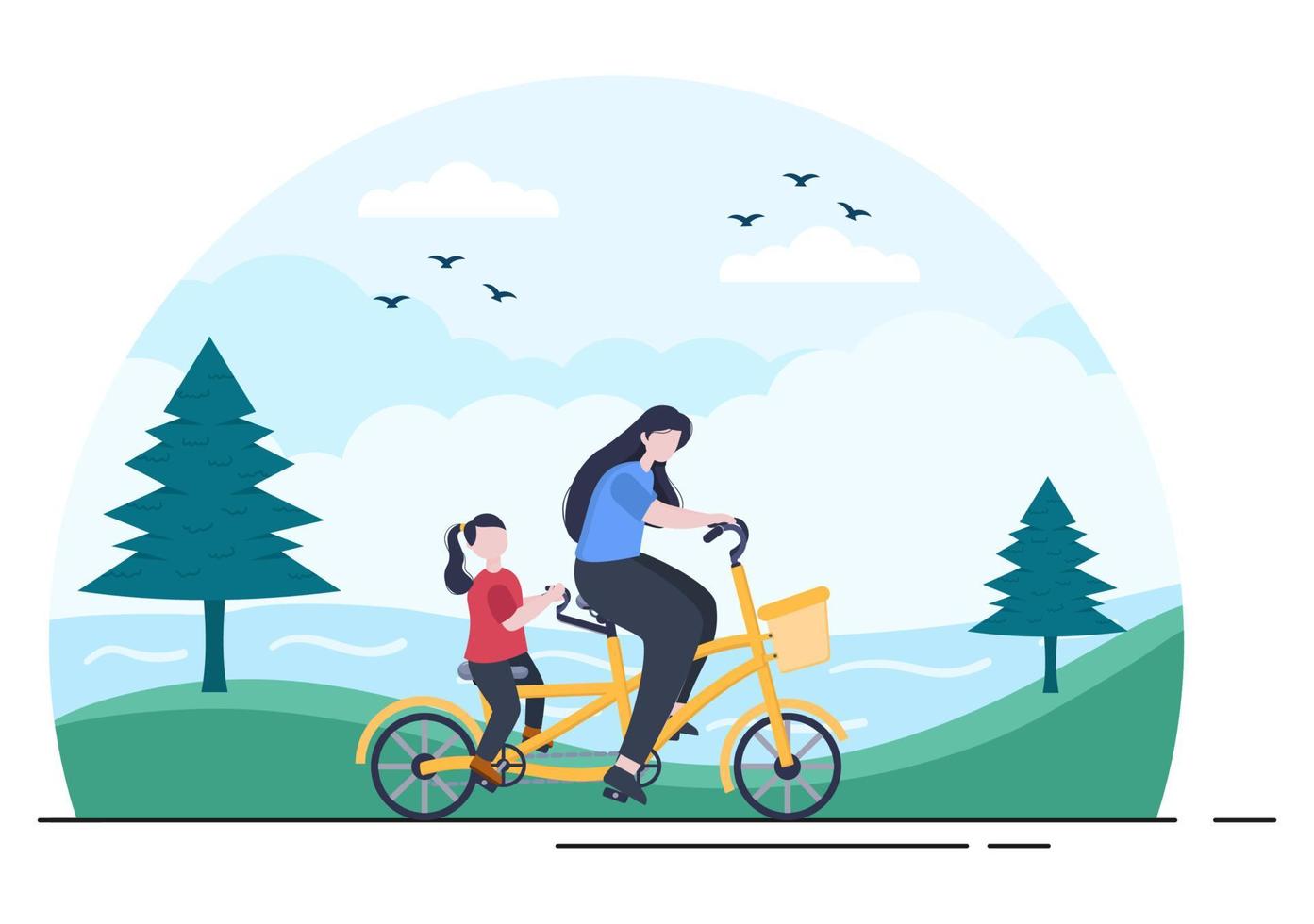 Ilustración plana de vector de bicicleta. Las personas que andan en bicicleta, practican deportes y realizan actividades recreativas al aire libre en la carretera del parque o en la autopista llevan un estilo de vida saludable.