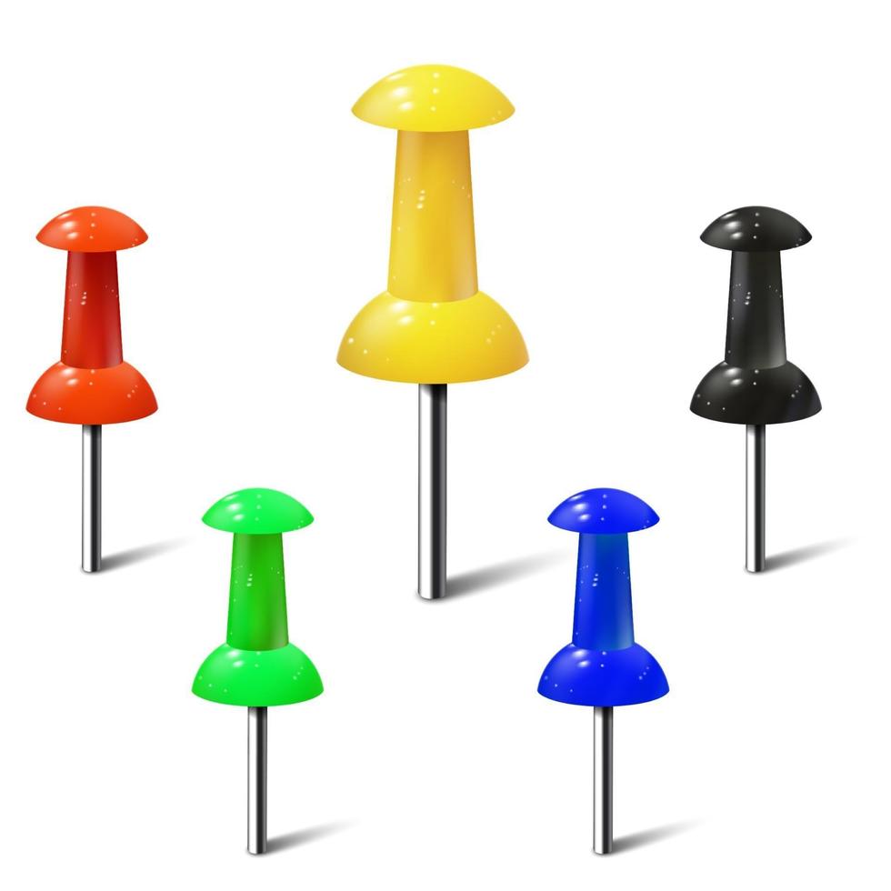 Set of realistic push pins in different colors. Thumbtacks vector