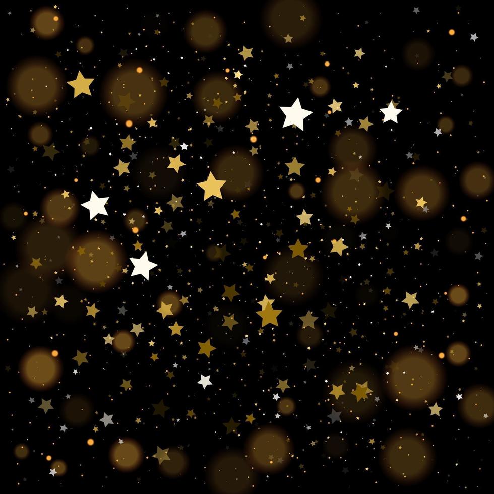 Gold bokeh, shiny glittering golden and silver stars confetti vector