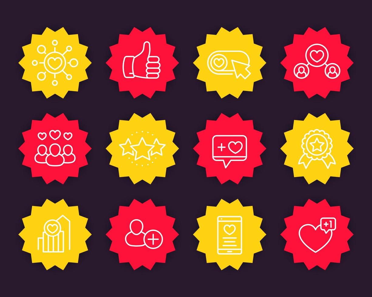 Likes, thumb up, followers, rating, reputation icons set, linear style vector