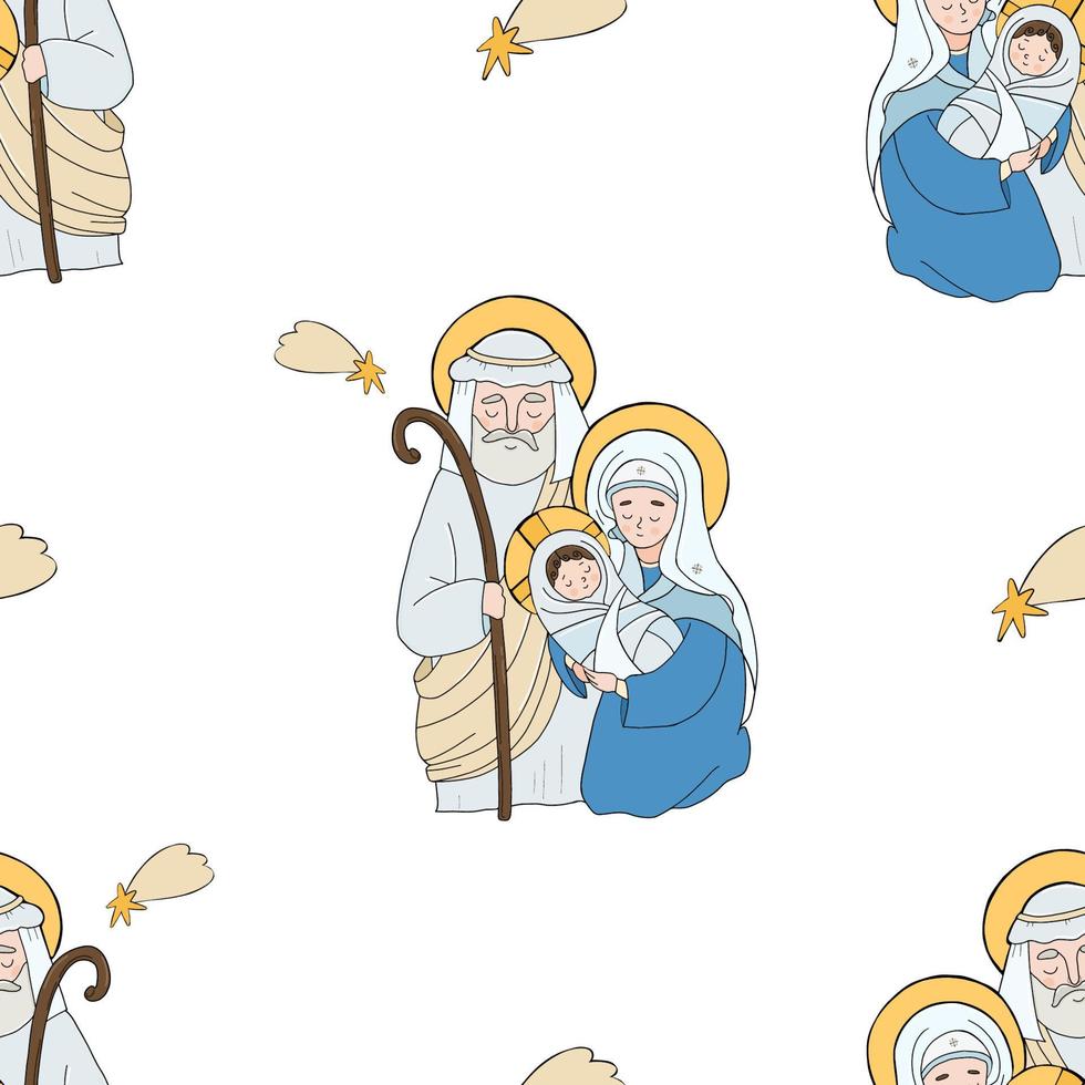 Seamless pattern Christmas Jesus Christ. Holy Family - Theotokos Virgin Mary, Joseph and baby Jesus On white background with star of Bethlehem. Vector illustration. For decoration, packaging