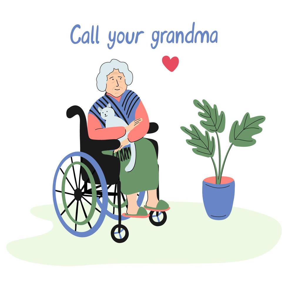 Call your grandma. Hand drawn vector lettering and illustration of a senior woman in a wheelchair and a cute ca