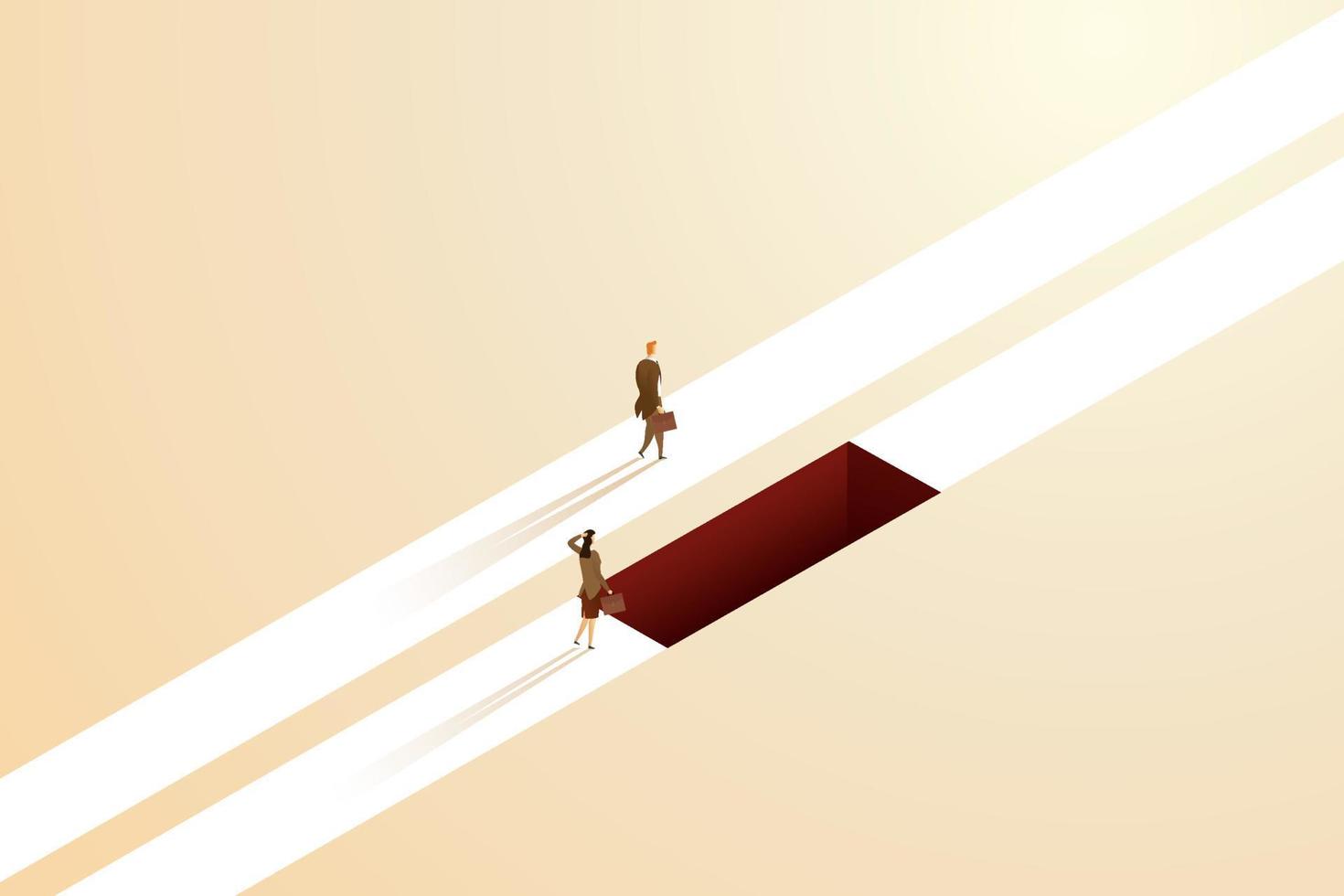 Businessman and businesswoman on different career paths and obstacles. vector