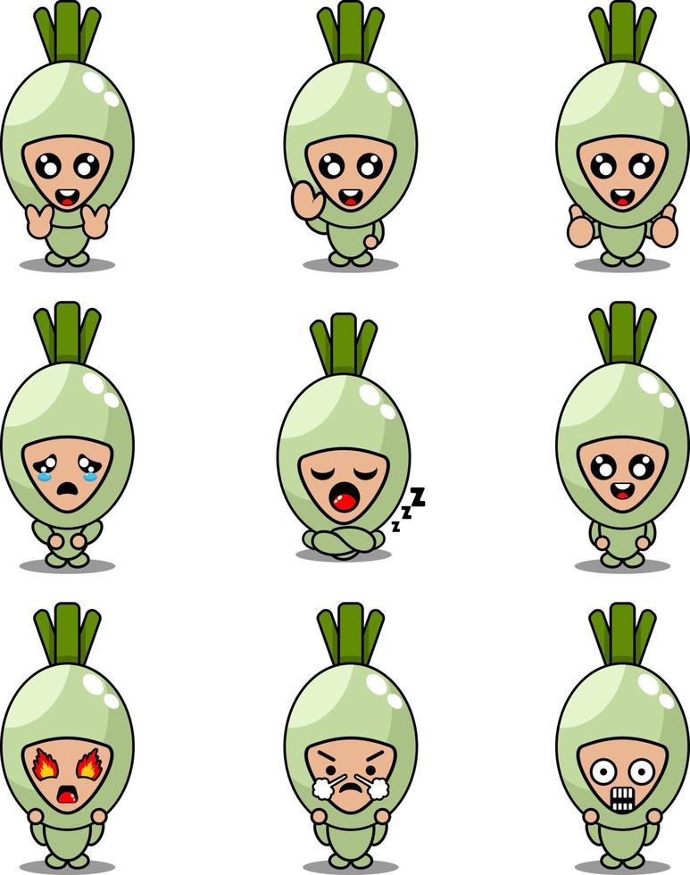 Ilustración de personaje de dibujos animados de vector de traje de mascota de cebolla de primavera conjunto de expresión linda