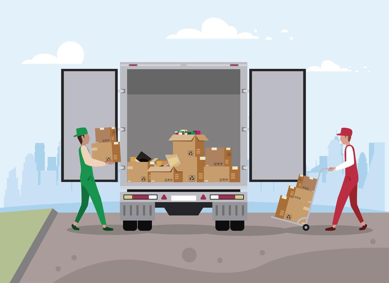 Delivery men with moving out boxes and truck vector