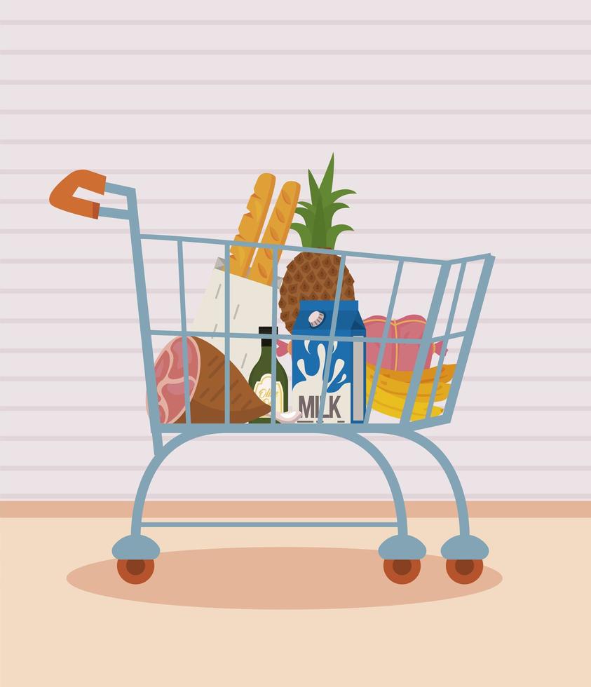 carrito de compras con comida sana. vector