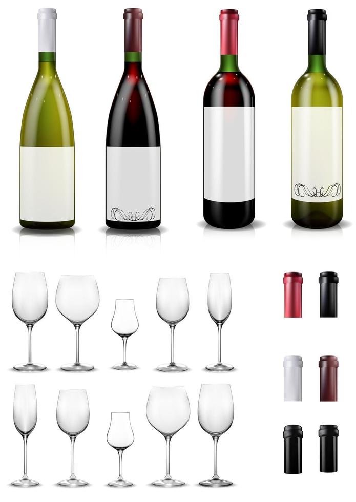 Wine glasses and bottles. Caps closing the stopper bottle. vector