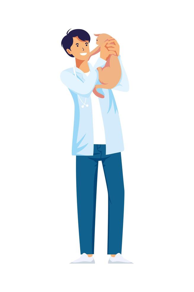 veterinary man professions avatar character lifting cat vector