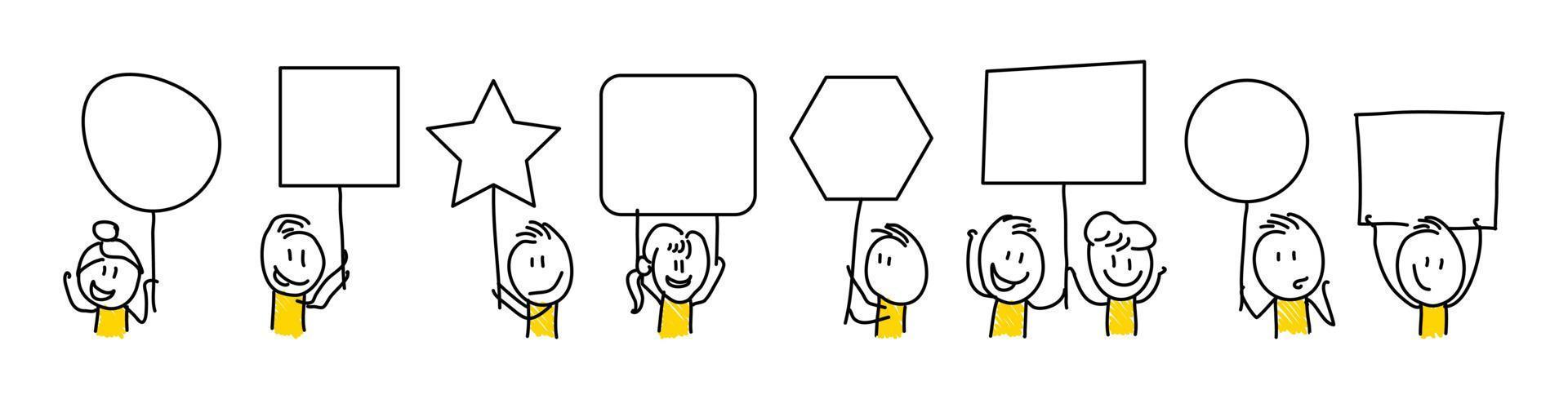 Stick figures. Empty banner set. Vector illustration of people holding blank on white. Nr.1