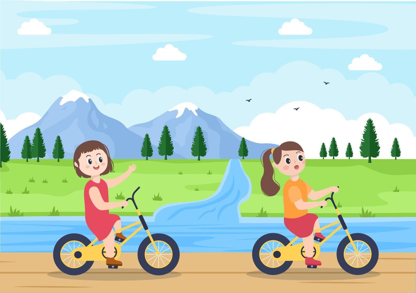 Ilustración plana de vector de bicicleta. Las personas que andan en bicicleta, practican deportes y realizan actividades recreativas al aire libre en la carretera del parque o en la autopista llevan un estilo de vida saludable.