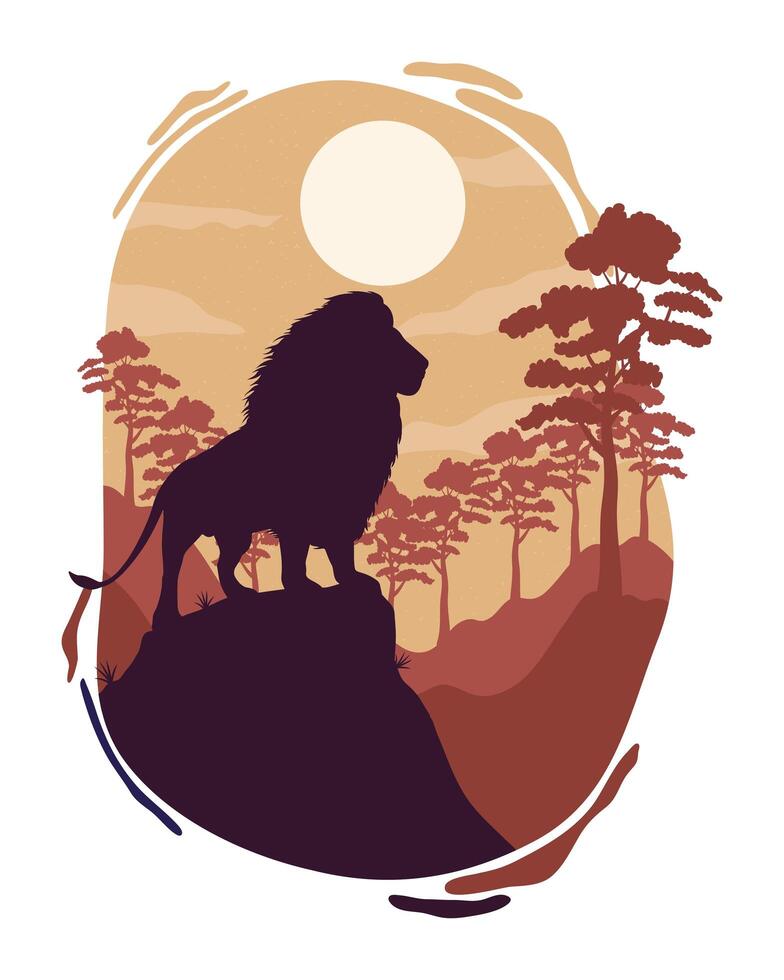 wild lion fauna silhouette scene vector