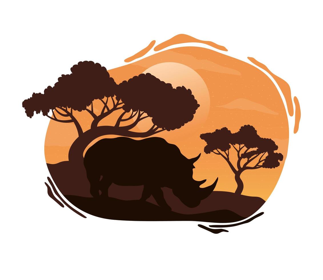 wild rhino fauna silhouette scene vector
