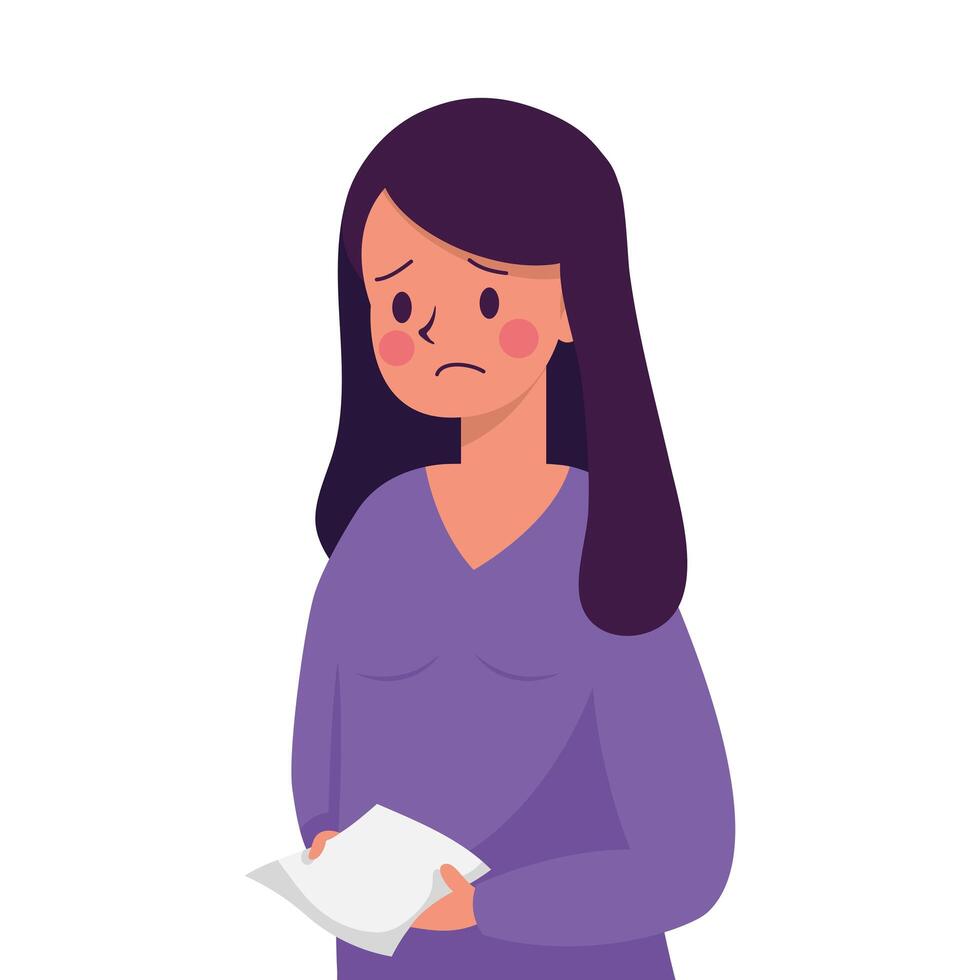 young woman with paper sheet victim of bullying character vector