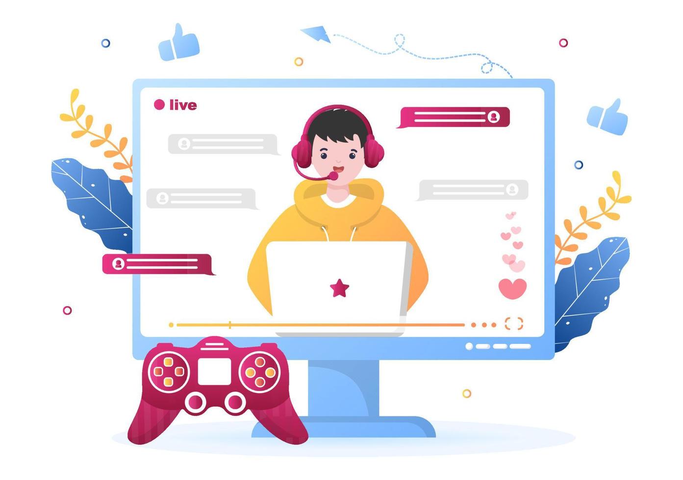 Video Tutorial Service or Professional Gamer Online Platform. Man using Headset while Playing Game During Live Streaming. Background Vector Illustration