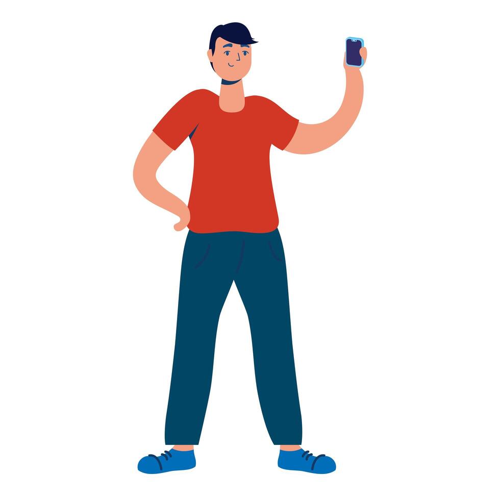 young man using smartphone technology character vector