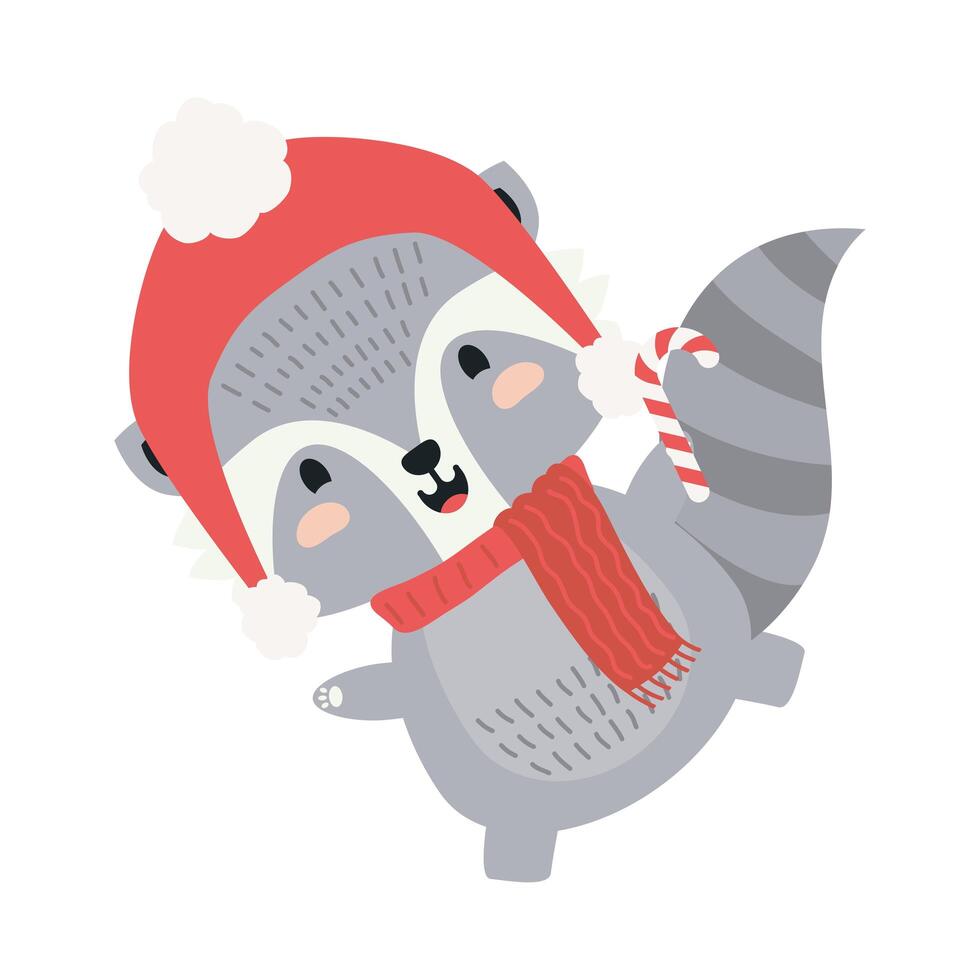 lindo mapache con personaje de ropa de navidad vector