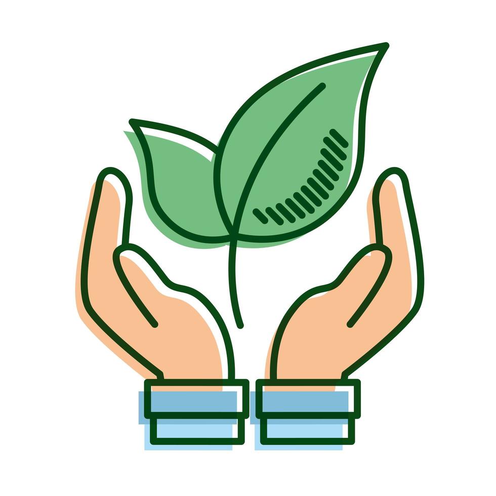 Manos levantando hojas ecología vegetal línea e icono de relleno vector