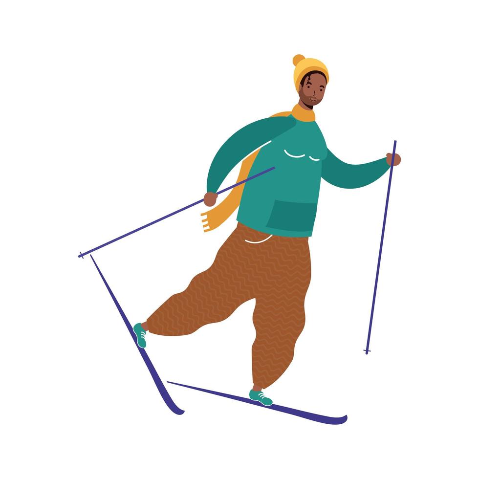 joven hombre afro con ropa de invierno practicando esquí vector