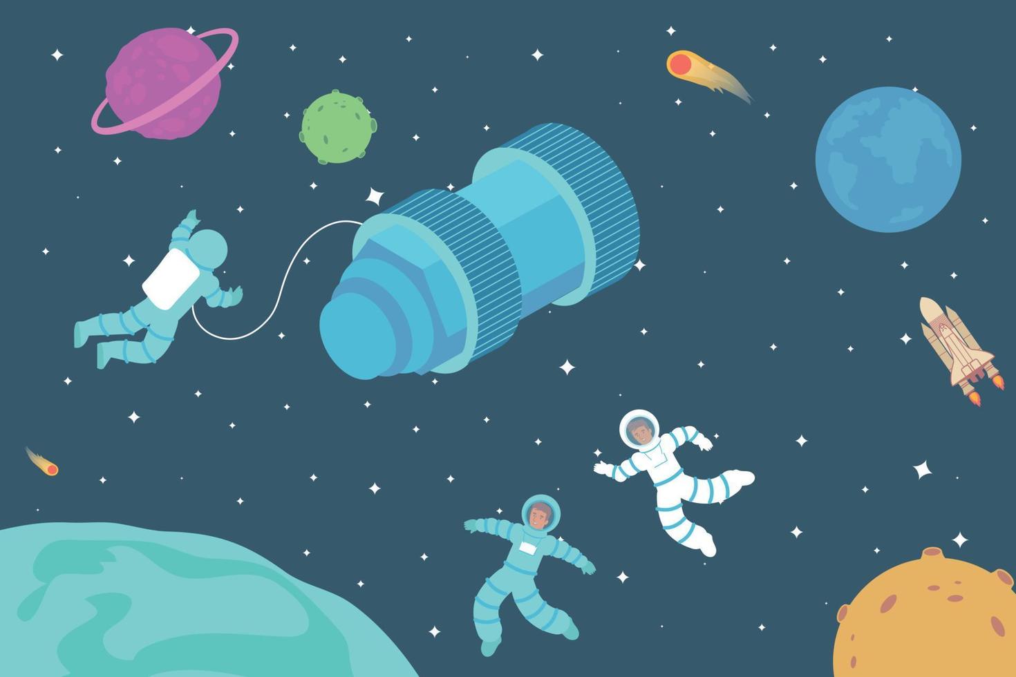 astronautas en cartel plano del espacio exterior vector