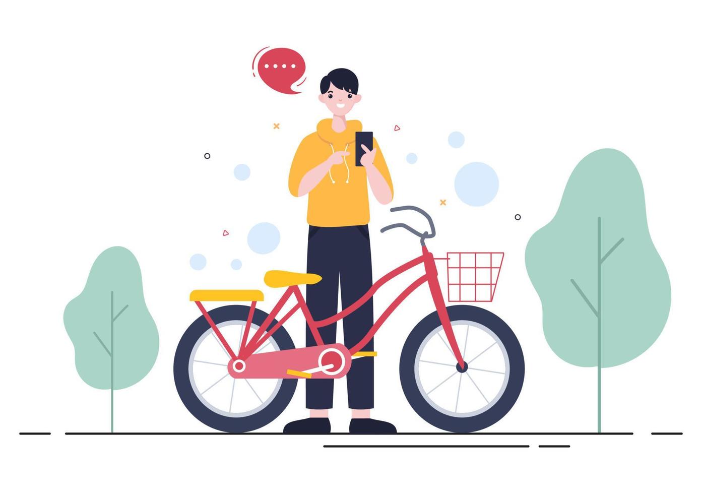 Ilustración plana de vector de bicicleta. Las personas que andan en bicicleta, practican deportes y realizan actividades recreativas al aire libre en la carretera del parque o en la autopista llevan un estilo de vida saludable.