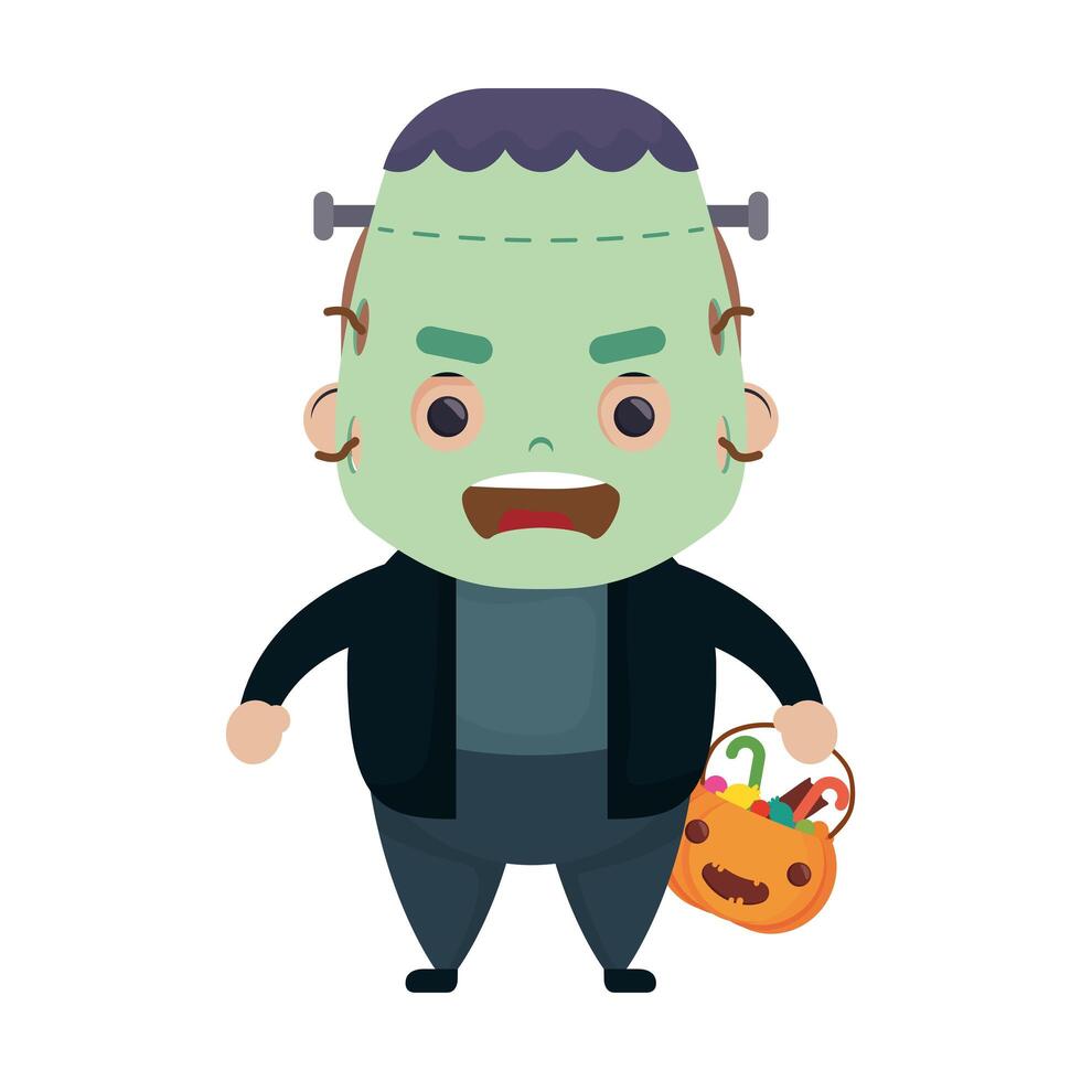 feliz halloween chico lindo disfraz frankenstein personaje vector