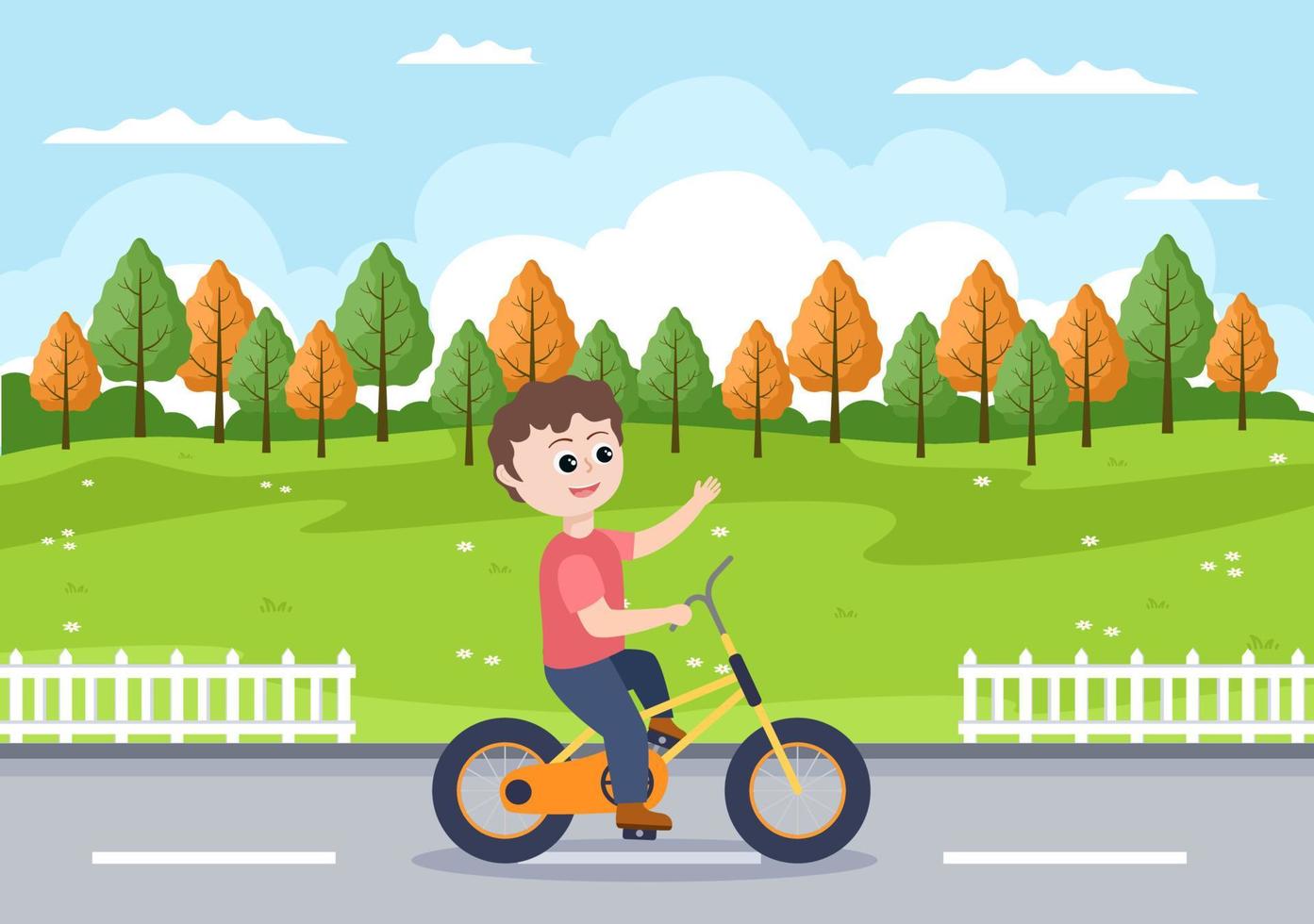 Bicycle Vector Flat Illustration. People Riding Bikes, Sports and outdoor recreational activities on Park Road or Highway are living a healthy lifestyle