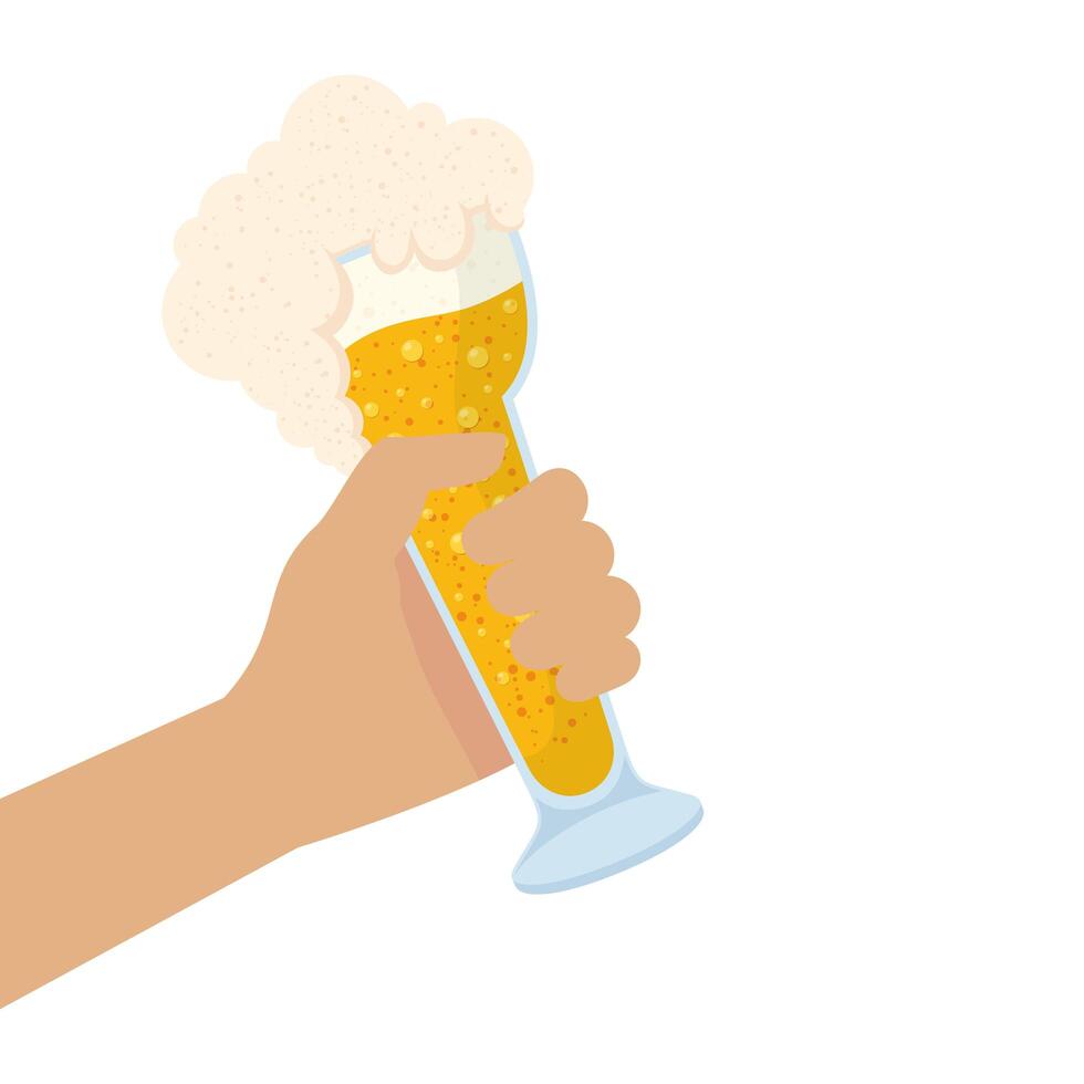 Mano con cerveza fresca en vaso con espuma icono aislado vector