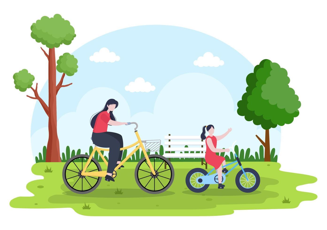 Ilustración plana de vector de bicicleta. Las personas que andan en bicicleta, practican deportes y realizan actividades recreativas al aire libre en la carretera del parque o en la autopista llevan un estilo de vida saludable.