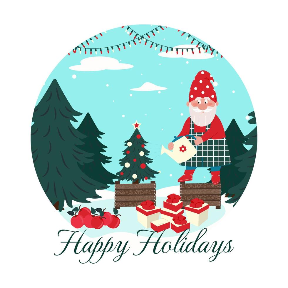 Greeting card. Two gnomes decorate a Christmas tree. Vector characters in flat style, cartoon.