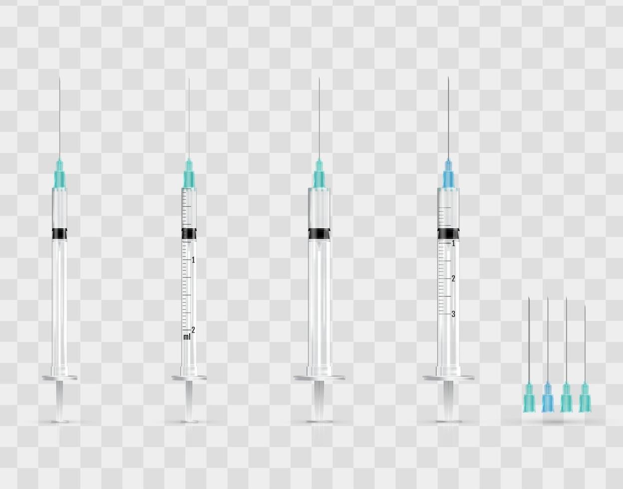 Realistic medical syringes and needles. Vector