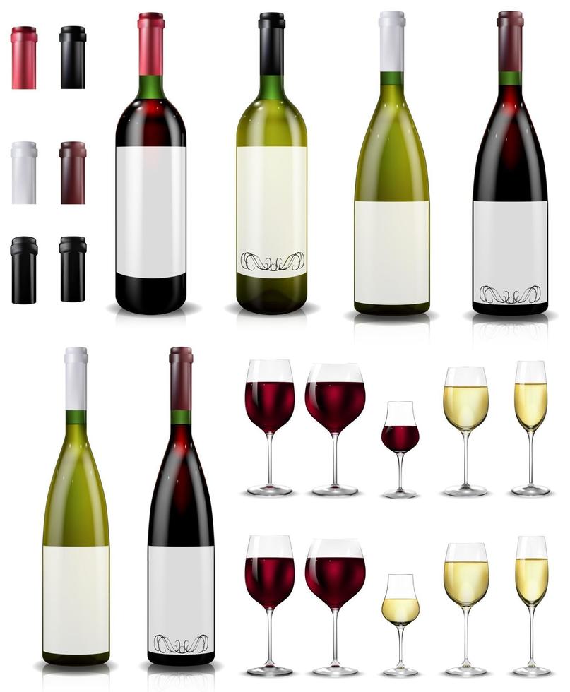 Red and white wine bottles and glasses. Realistic mockup vector