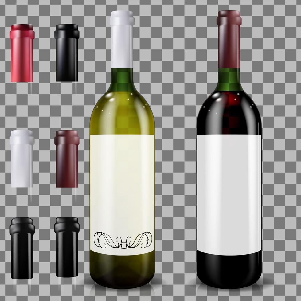 botellas de vino tinto y blanco. juego de tapones o mangas, cerrando el tapón. vector