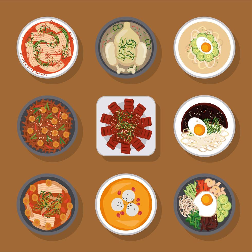 nine korean food icons vector
