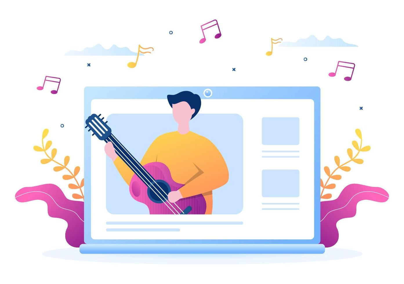 tutoriales en video con niños que aprenden a tocar y ver lecciones de música en línea sobre tocar la guitarra en Internet para carteles o pancartas web. ilustración vectorial de fondo vector